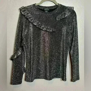 Trouvé‎ Women's Asymmetrical Ruffle Top Shirt Silver Black Sparkle Size Small